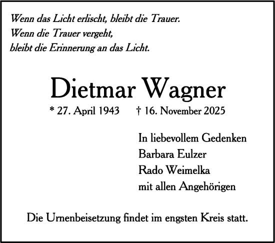 Traueranzeige von Dietmar Wagner von Stuttgarter Zeitung / Stuttgarter Nachrichten