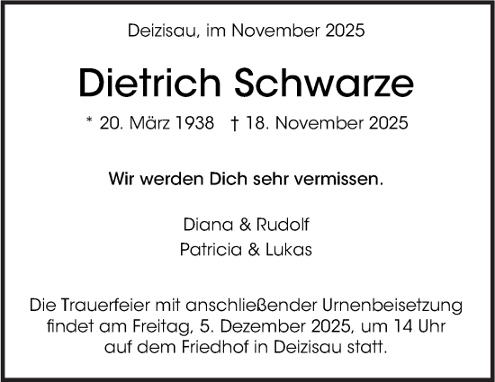 Traueranzeige von Dietrich Schwarze von Eßlinger Zeitung