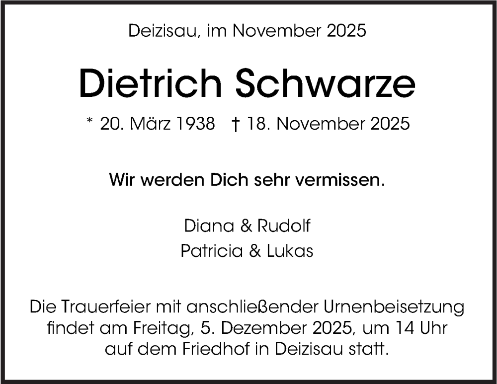  Traueranzeige für Dietrich Schwarze vom 28.11.2025 aus Eßlinger Zeitung