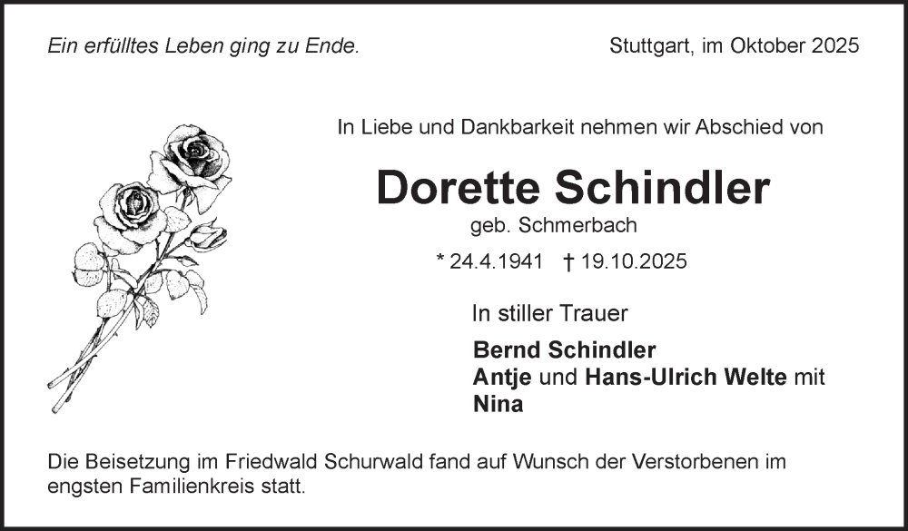 Traueranzeige für Dorette Schindler vom 08.11.2025 aus Stuttgarter Zeitung / Stuttgarter Nachrichten