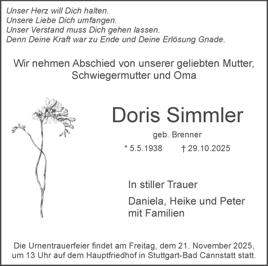 Traueranzeige von Doris Simmler von Stuttgarter Zeitung / Stuttgarter Nachrichten