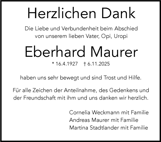 Traueranzeige von Eberhard Maurer von Stuttgarter Zeitung / Stuttgarter Nachrichten