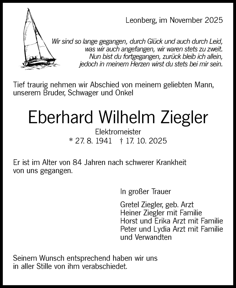  Traueranzeige für Eberhard Wilhelm Ziegler vom 08.11.2025 aus Leonberger Kreiszeitung / Strohgäu Extra