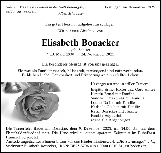 Traueranzeige von Elisabeth Bonacker von Eßlinger Zeitung