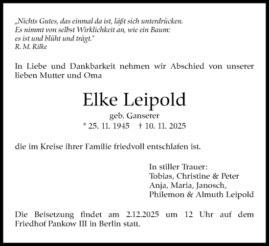 Traueranzeige von Elke Leipold von Stuttgarter Zeitung / Stuttgarter Nachrichten