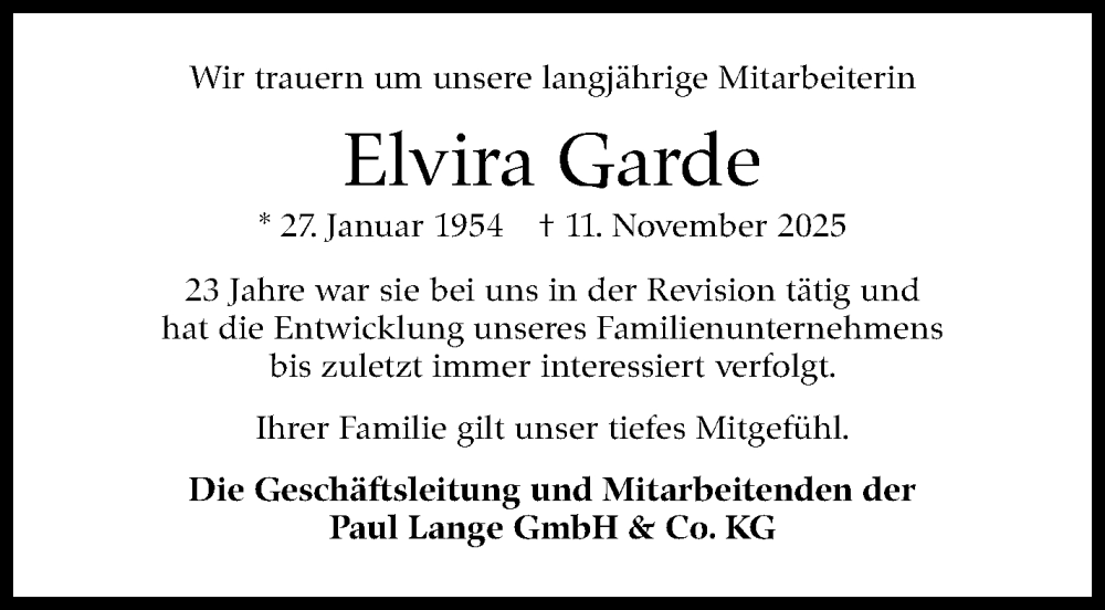  Traueranzeige für Elvira Garde vom 27.11.2025 aus Stuttgarter Zeitung / Stuttgarter Nachrichten