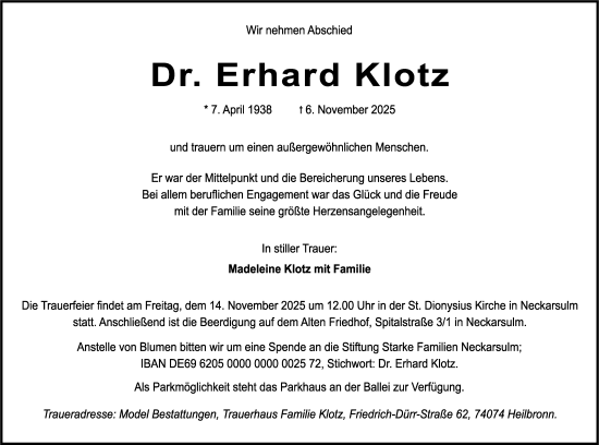 Traueranzeige von Erhard Klotz von Stuttgarter Zeitung / Stuttgarter Nachrichten