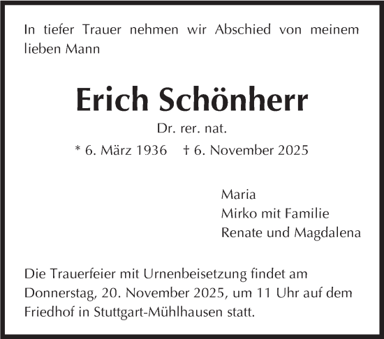 Traueranzeige von Erich Schönherr von Stuttgarter Zeitung / Stuttgarter Nachrichten
