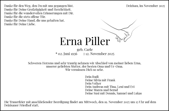 Traueranzeige von Erna Piller von Eßlinger Zeitung
