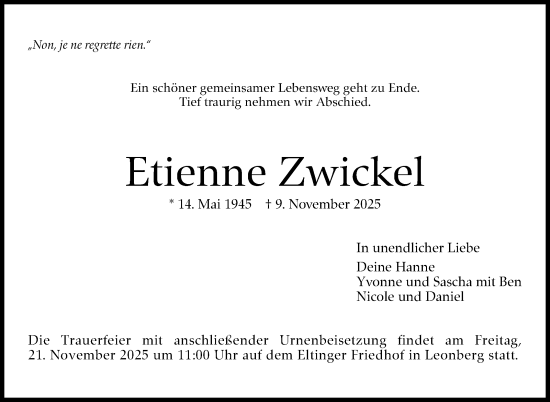 Traueranzeige von Etienne Zwickel von Leonberger Kreiszeitung / Strohgäu Extra