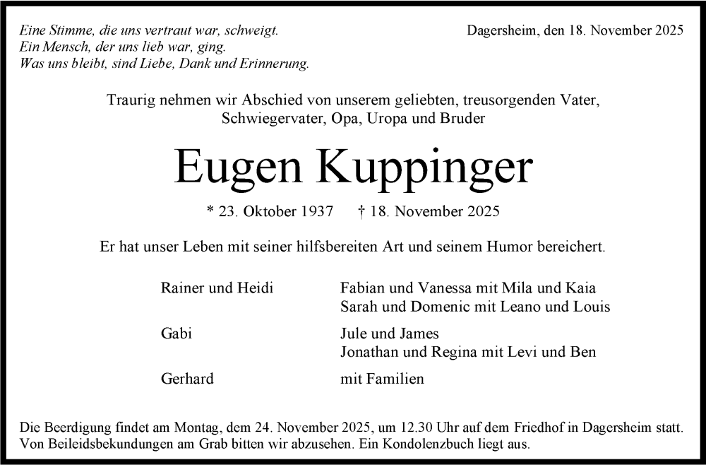  Traueranzeige für Eugen Kuppinger vom 22.11.2025 aus Kreiszeitung Böblinger Bote
