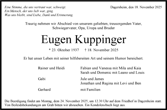 Traueranzeige von Eugen Kuppinger von Kreiszeitung Böblinger Bote