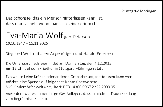 Traueranzeige von Eva-Maria Wolf von Stuttgarter Zeitung / Stuttgarter Nachrichten