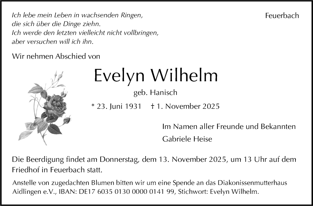 Traueranzeige für Evelyn Wilhelm vom 08.11.2025 aus Stuttgarter Zeitung / Stuttgarter Nachrichten