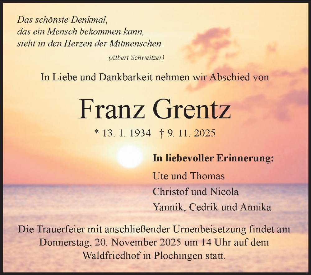  Traueranzeige für Franz Grentz vom 14.11.2025 aus Eßlinger Zeitung