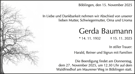 Traueranzeige von Gerda Baumann von Kreiszeitung Böblinger Bote