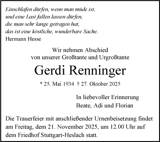 Traueranzeige von Gerdi Renninger von Stuttgarter Zeitung / Stuttgarter Nachrichten