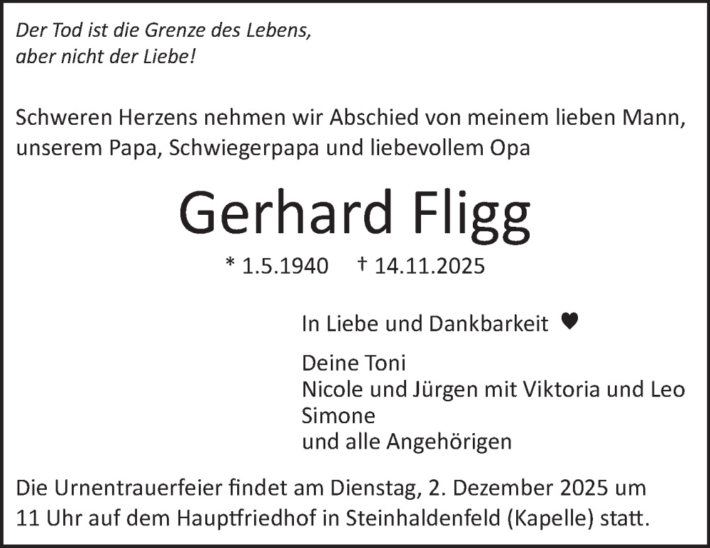  Traueranzeige für Gerhard Fligg vom 27.11.2025 aus Stuttgarter Zeitung / Stuttgarter Nachrichten