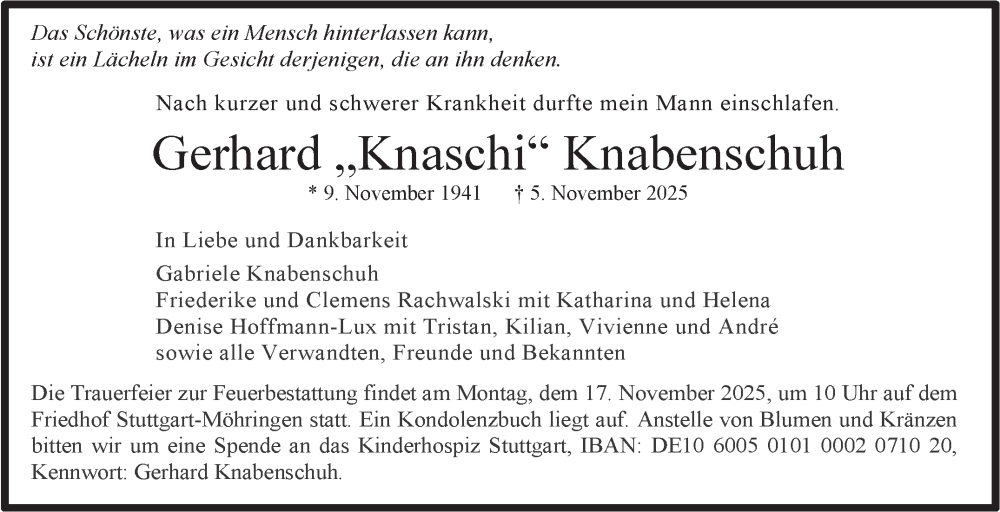  Traueranzeige für Gerhard Knabenschuh vom 15.11.2025 aus Stuttgarter Zeitung / Stuttgarter Nachrichten