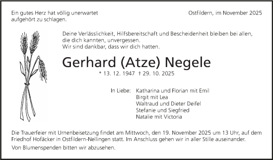 Traueranzeige von Gerhard Negele von Eßlinger Zeitung