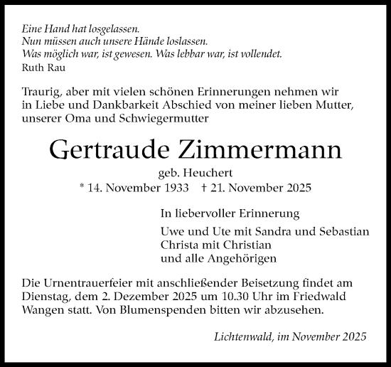 Traueranzeige von Gertraude Zimmermann von Eßlinger Zeitung
