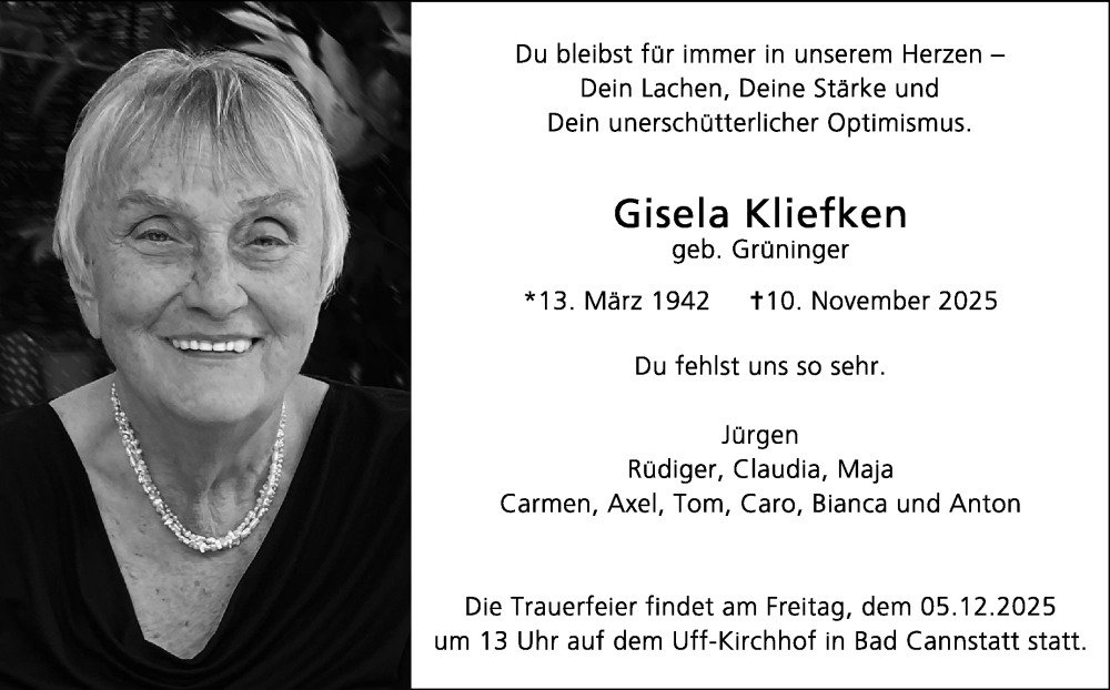  Traueranzeige für Gisela Kliefken vom 22.11.2025 aus Stuttgarter Zeitung / Stuttgarter Nachrichten