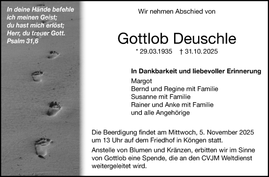 Traueranzeige von Gottlob Deuschle von Eßlinger Zeitung