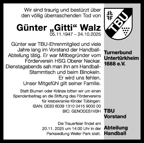 Traueranzeige von Günter Walz von Stuttgarter Zeitung / Stuttgarter Nachrichten