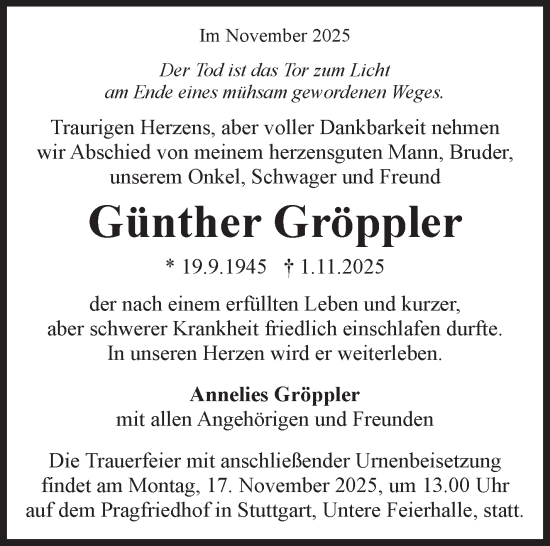 Traueranzeige von Günther Gröppler von Stuttgarter Zeitung / Stuttgarter Nachrichten