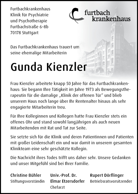 Traueranzeige von Gunda Kienzler von Stuttgarter Zeitung / Stuttgarter Nachrichten