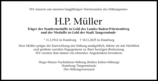 Traueranzeige von H.P. Müller von Stuttgarter Zeitung / Stuttgarter Nachrichten