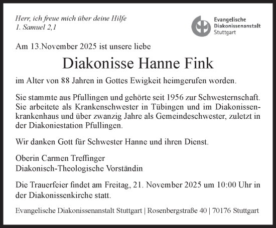Traueranzeige von Hanne Fink von Stuttgarter Zeitung / Stuttgarter Nachrichten