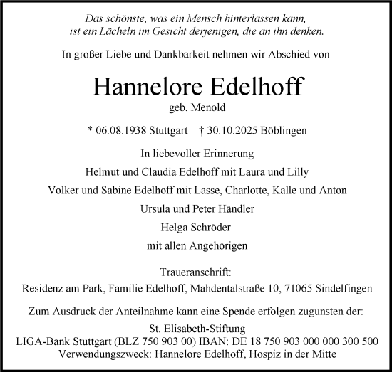 Traueranzeige von Hannelore Edelhoff von Stuttgarter Zeitung / Stuttgarter Nachrichten