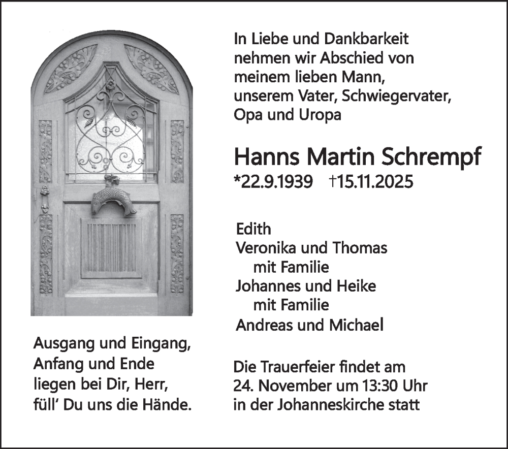  Traueranzeige für Hanns Martin Schrempf vom 20.11.2025 aus Eßlinger Zeitung