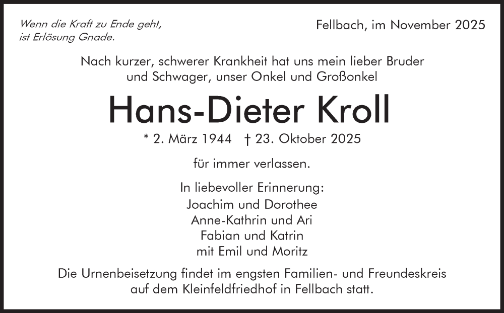 Traueranzeige für Hans-Dieter Kroll vom 03.11.2025 aus Stuttgarter Zeitung / Stuttgarter Nachrichten