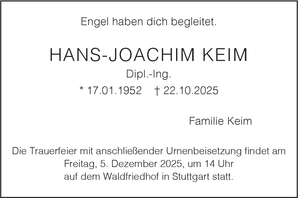  Traueranzeige für Hans-Joachim Keim vom 29.11.2025 aus Stuttgarter Zeitung / Stuttgarter Nachrichten