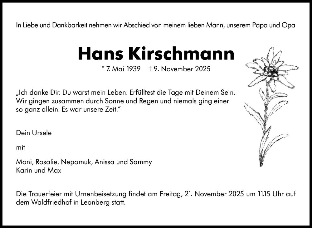  Traueranzeige für Hans Kirschmann vom 14.11.2025 aus Leonberger Kreiszeitung / Strohgäu Extra