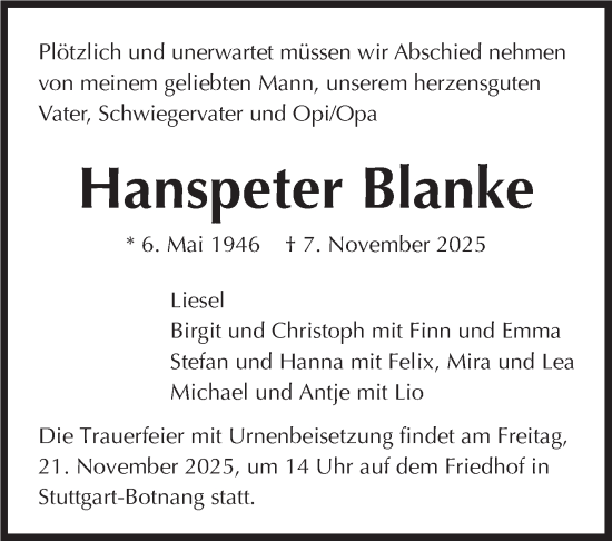 Traueranzeige von Hanspeter Blanke von Stuttgarter Zeitung / Stuttgarter Nachrichten