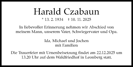 Traueranzeige von Harald Czabaun von Leonberger Kreiszeitung / Strohgäu Extra