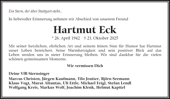 Traueranzeige von Hartmut Eck von Stuttgarter Zeitung / Stuttgarter Nachrichten