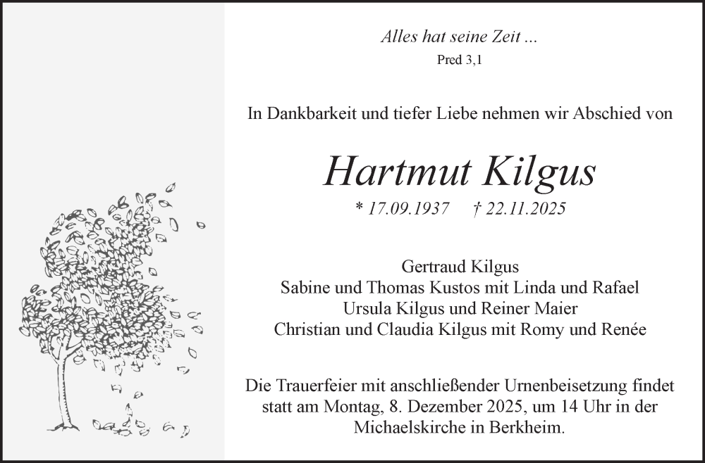  Traueranzeige für Hartmut Kilgus vom 29.11.2025 aus Eßlinger Zeitung