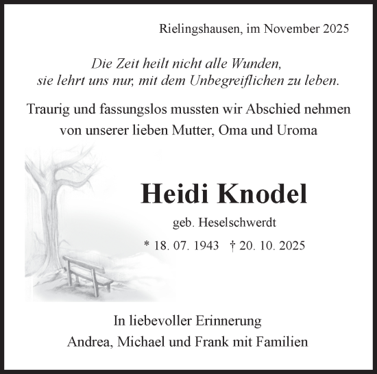 Traueranzeige von Heidi Knodel von Marbacher Zeitung