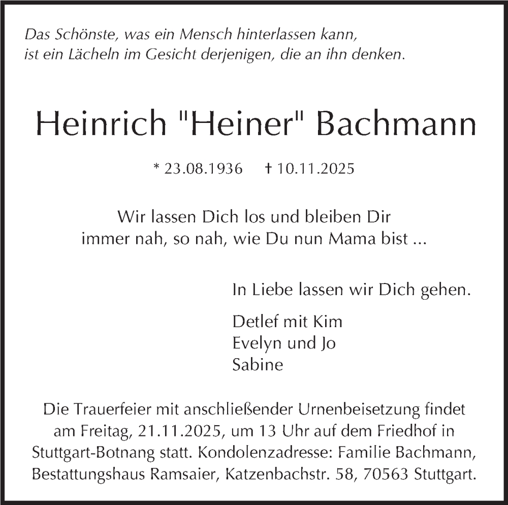  Traueranzeige für Heinrich Bachmann vom 15.11.2025 aus Stuttgarter Zeitung / Stuttgarter Nachrichten
