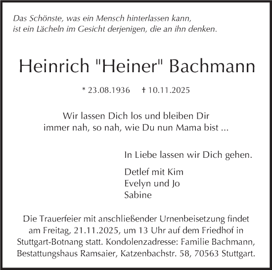 Traueranzeige von Heinrich Bachmann von Stuttgarter Zeitung / Stuttgarter Nachrichten