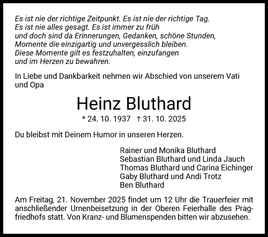 Traueranzeige von Heinz Bluthard von Stuttgarter Zeitung / Stuttgarter Nachrichten