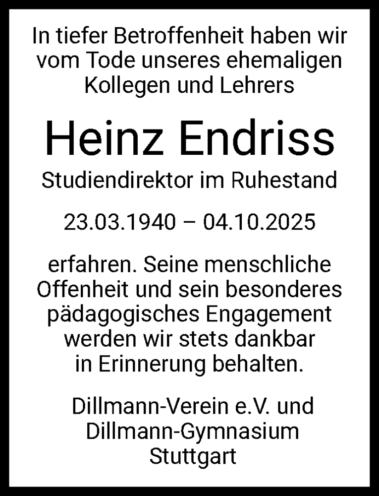  Traueranzeige für Heinz Endriss vom 22.11.2025 aus Stuttgarter Zeitung / Stuttgarter Nachrichten