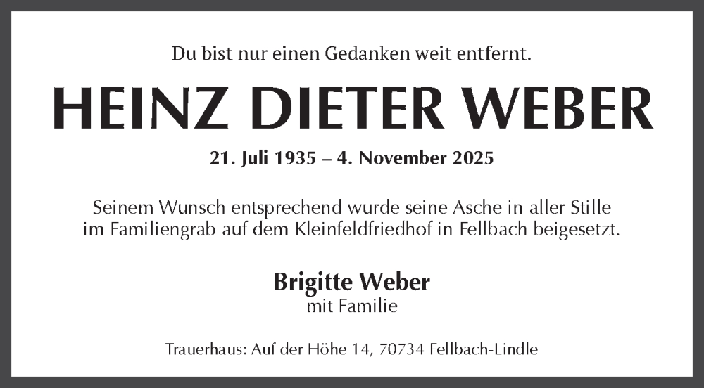  Traueranzeige für Heinz Dieter Weber vom 21.11.2025 aus Stuttgarter Zeitung / Stuttgarter Nachrichten