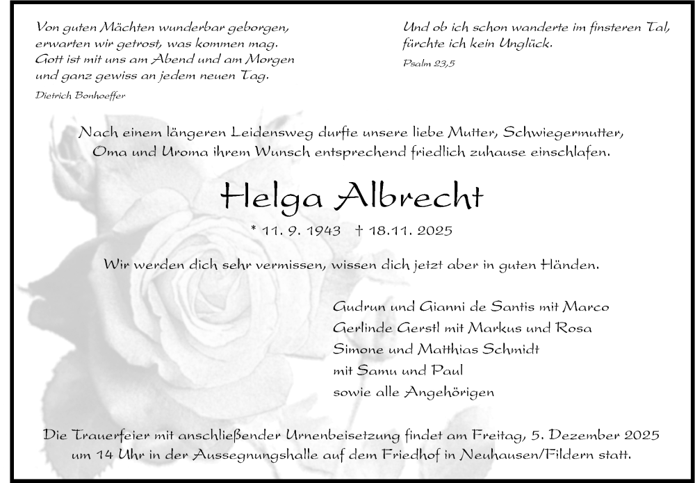  Traueranzeige für Helga Albrecht vom 28.11.2025 aus Eßlinger Zeitung