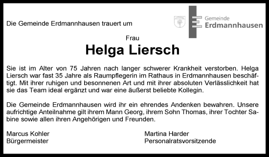 Traueranzeige von Helga Liersch von Marbacher Zeitung