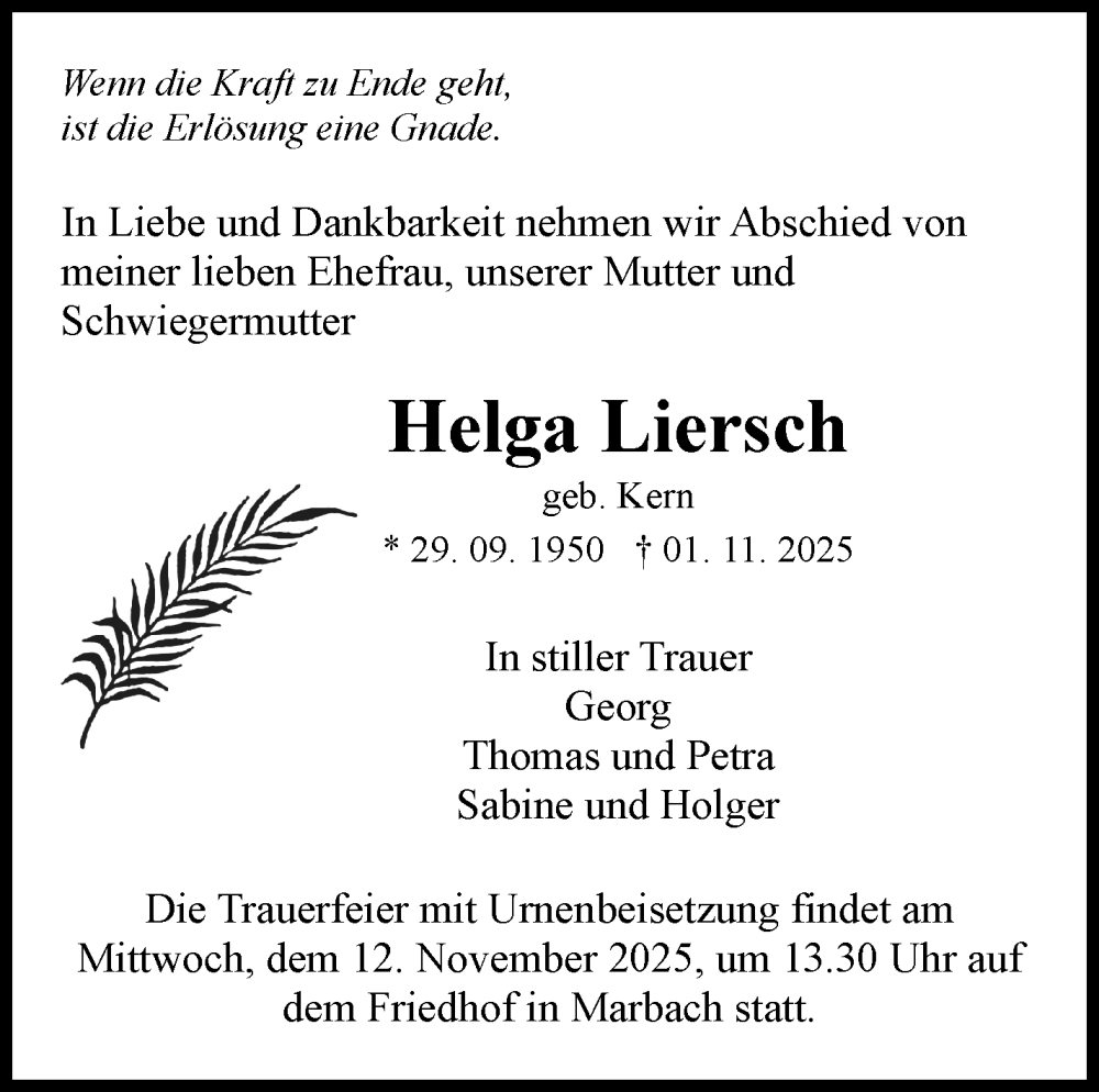  Traueranzeige für Helga Liersch vom 06.11.2025 aus Marbacher Zeitung